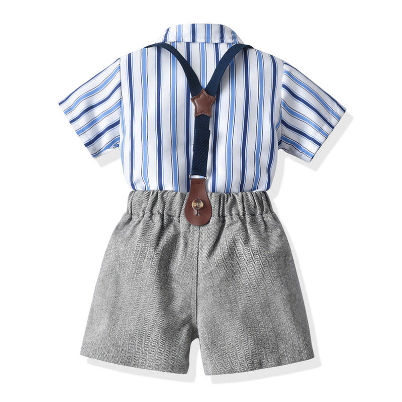 Wholesale children's spring/summer fashion set: trendy blue striped short-sleeve shirt and overalls two-piece outfit