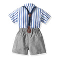 Wholesale children's spring/summer fashion set: trendy blue striped short-sleeve shirt and overalls two-piece outfit