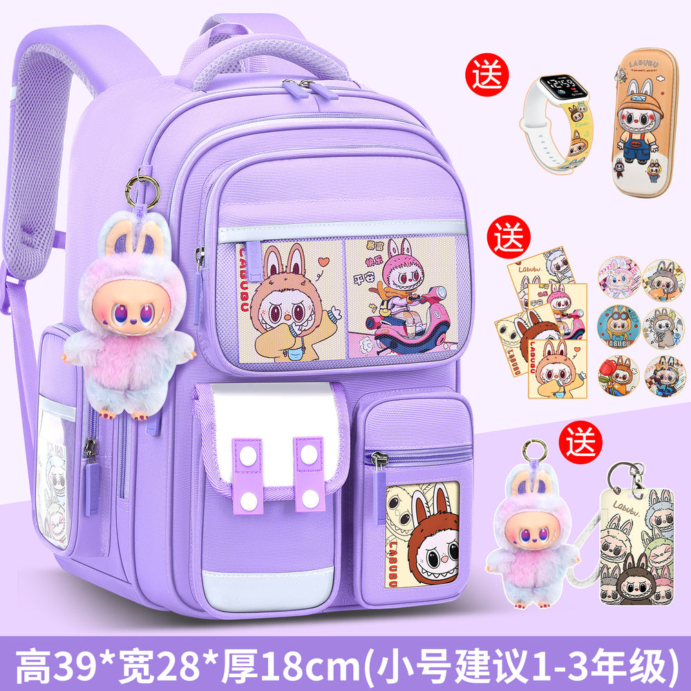 2026 new labubu backpack for girls, elementary school students grades 1-6, boys' lightweight kids' backpack, spine protection, and weight reduction