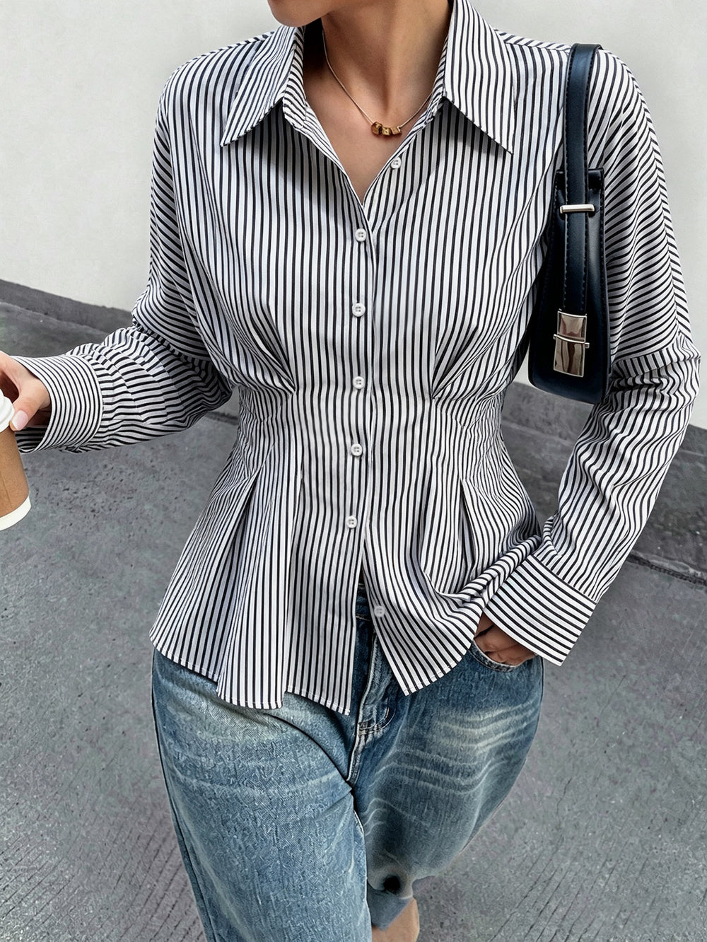 Women's slim-fit shirred waist vertical stripe long sleeve blouse - wholesale