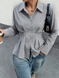 Women's slim-fit shirred waist vertical stripe long sleeve blouse - wholesale