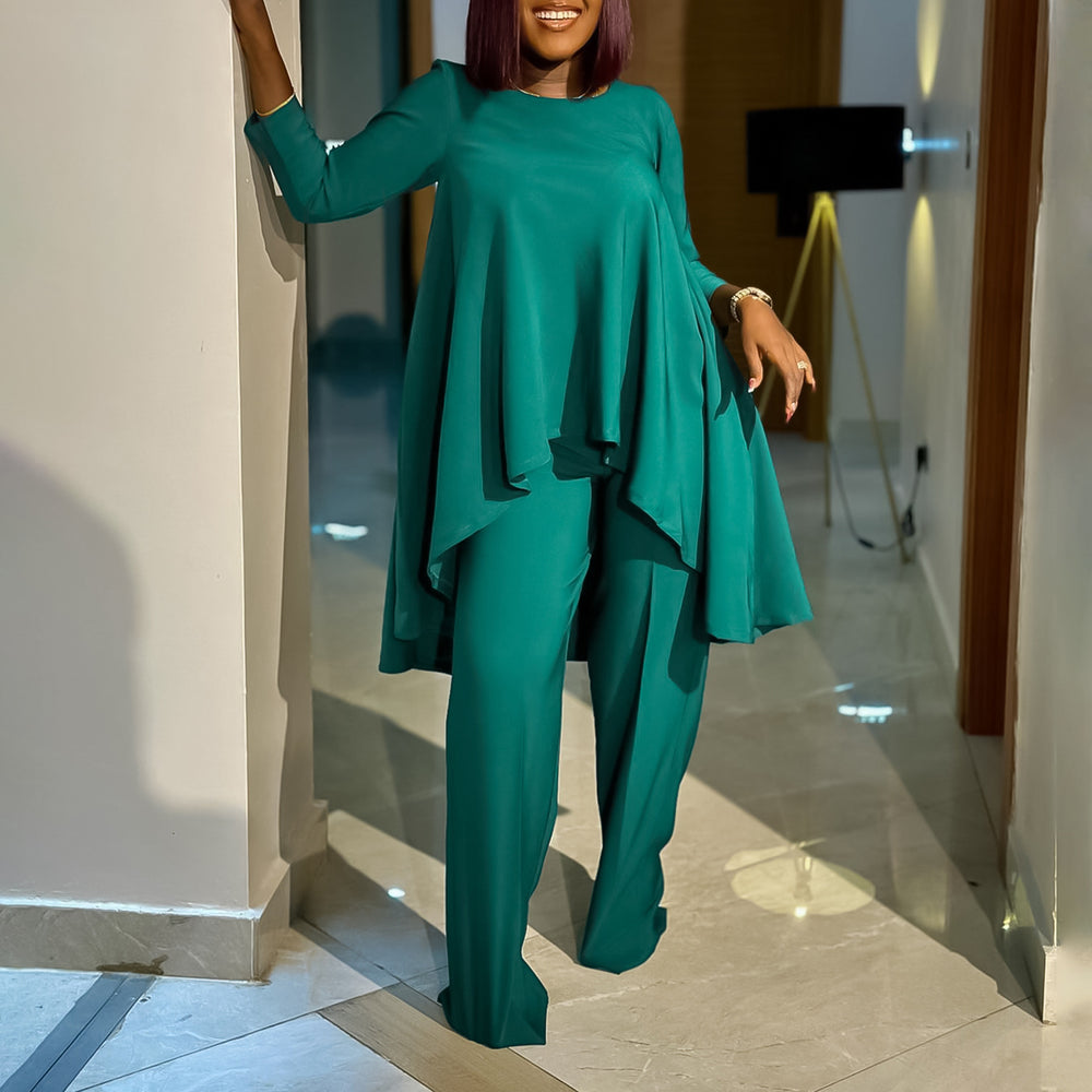 D3260  foreign trade women's fashion european and american style elegant plus size long sleeve top and wide leg pants cross-border set