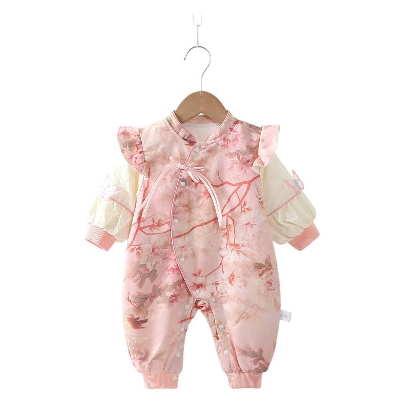 Newborn full-moon romper, traditional chinese style outfit, spring/autumn baby bodysuit, chinese-inspired newborn outing clothes, crawling suit