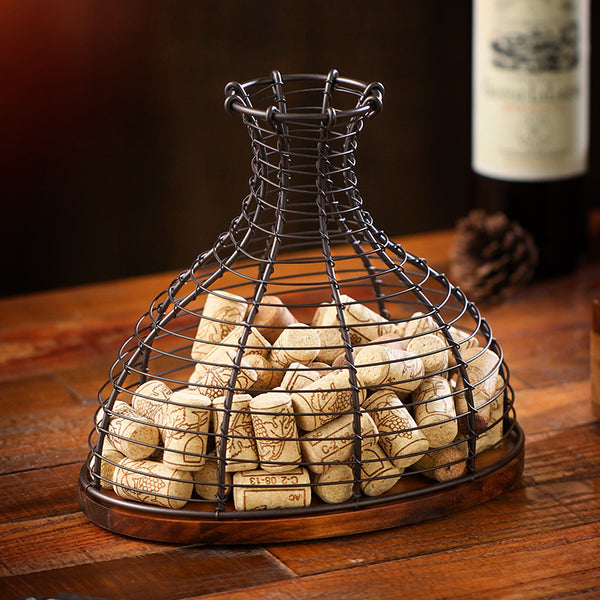Cross-border  solid wood red wine plug storage basket wrought iron European commercial hotel wine oak plug collection basket