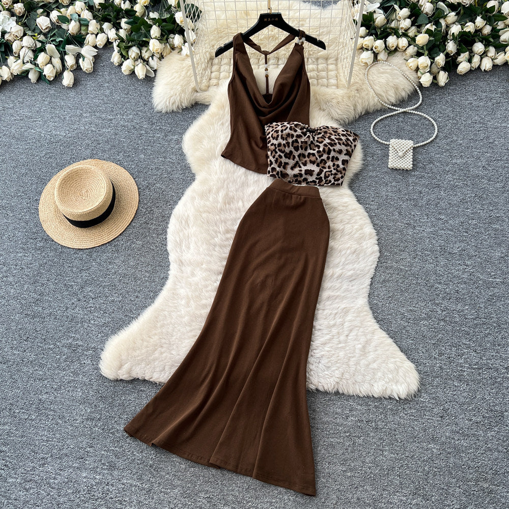 Pure desire style work clothing leopard print patchwork vest skirt two-piece set women's summer backless pleated silmslimming looksuit