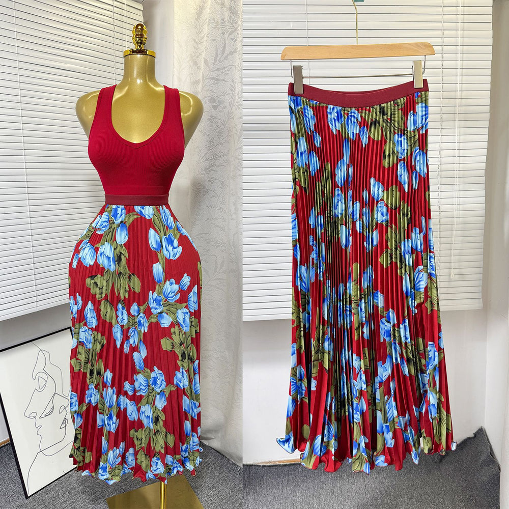 export 2026 summer new arrival: printed pleated a-line midi skirt with elastic waist and flared ruffle hem