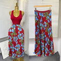export 2026 summer new arrival: printed pleated a-line midi skirt with elastic waist and flared ruffle hem