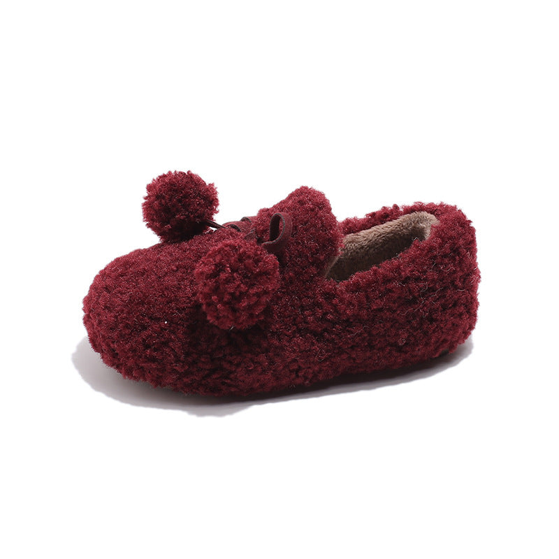 Children's hair ball one-pedal velvet cotton shoes 2025 autumn and winter new Korean version thickened warm girls' hair shoes