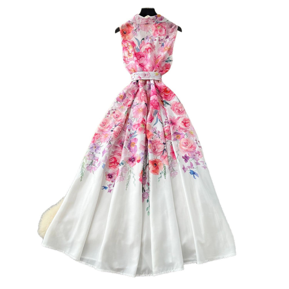 European and american niche fashion retro suit collar sleeveless cinched waist printed dress - women's slimming a-line elegant maxi dress