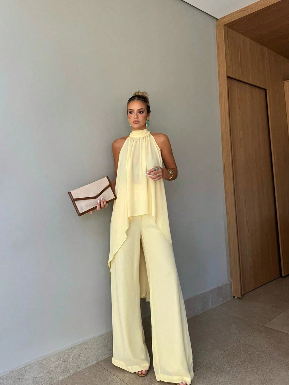 Independent station fashion cross-border  summer fashioncasual asymmetrical sleeveless elegantpure color pants suit women's clothing