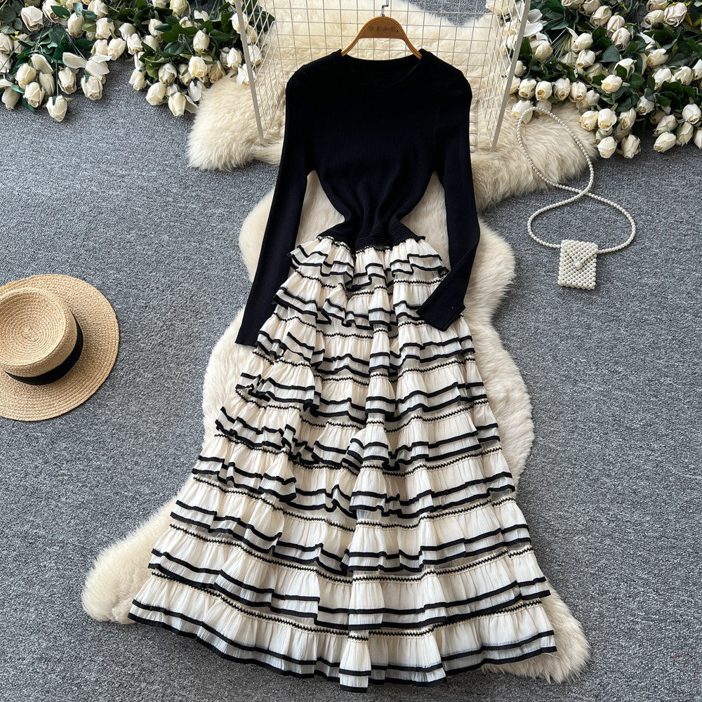French style faux two-piece color block striped a-line cake dress - women's autumn knit long sleeve high waist slimming commute dress