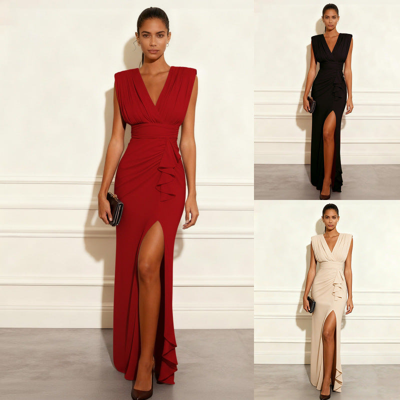 Independent station  pure colorcasualv neck sleeveless slit dress