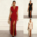 Independent station  pure colorcasualv neck sleeveless slit dress