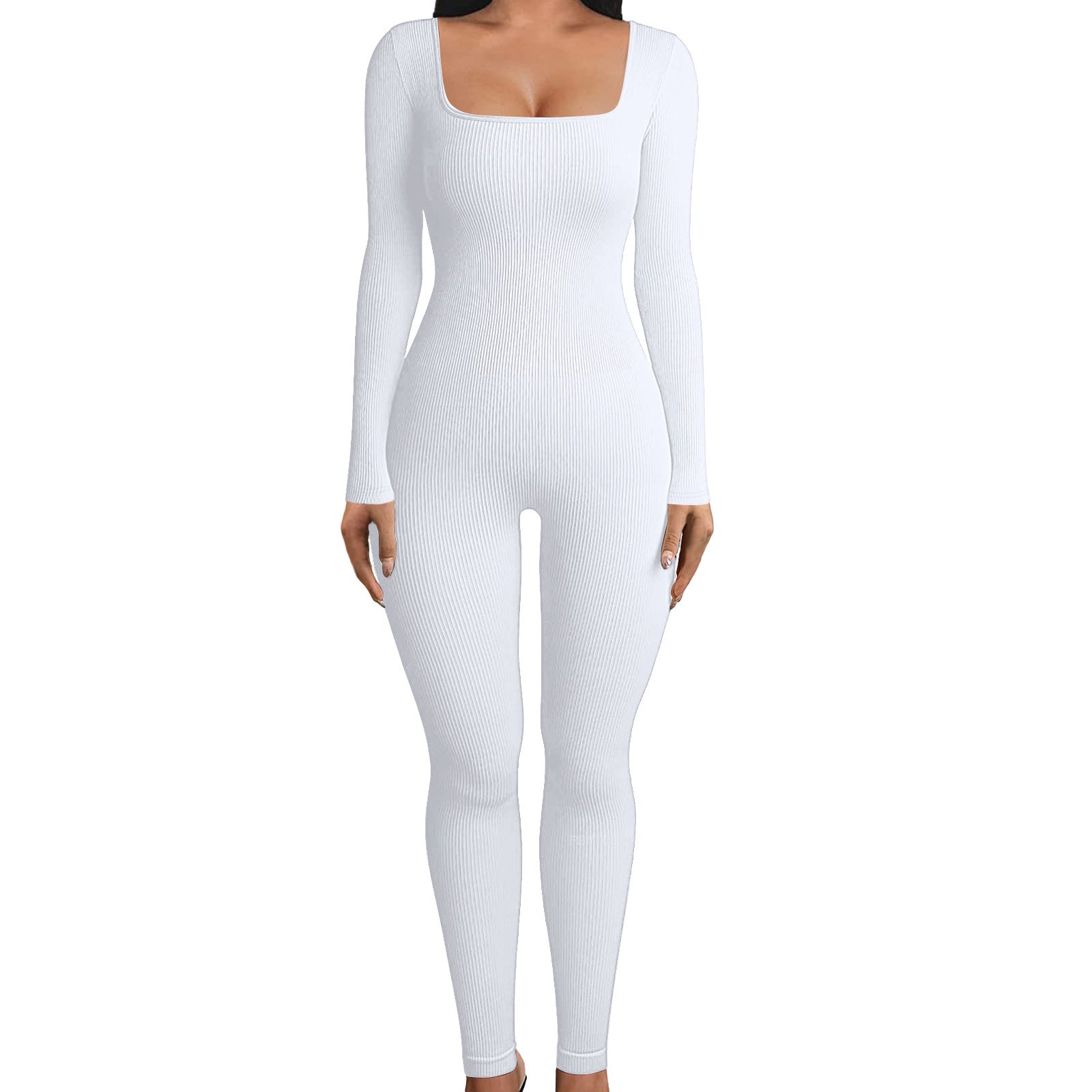 2024  women's clothing solid color long-sleeved vest onesie threaded square neck backless hip-lifting slim-fitting sports jumpsuit