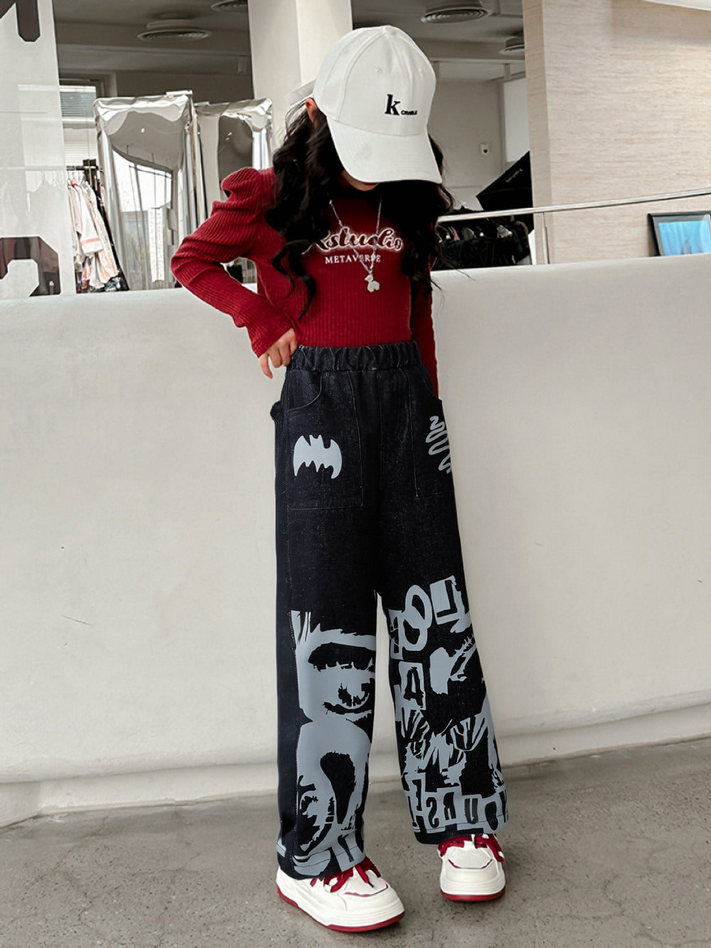 kidsjeans black stylishprinting veneer loose pants elastic pants american girlstraight-leg pants