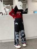kidsjeans black stylishprinting veneer loose pants elastic pants american girlstraight-leg pants
