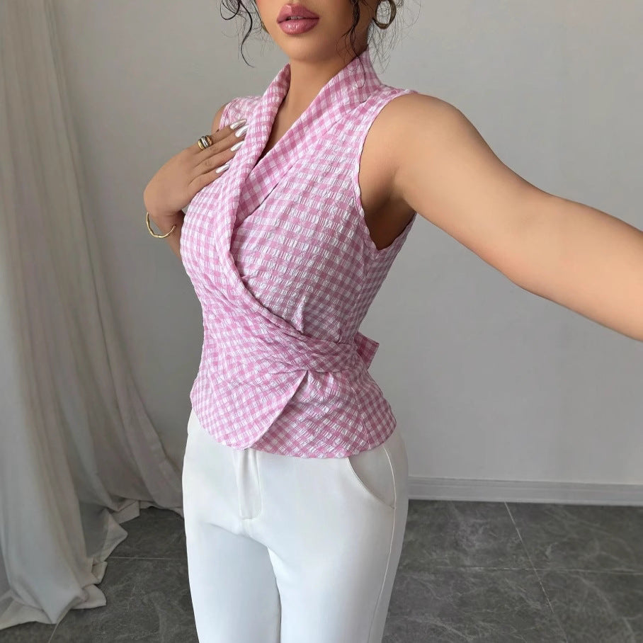fashion  new arrivalfashionelegancestripesplaidv neck vest tops sleeveless shirt women's clothing