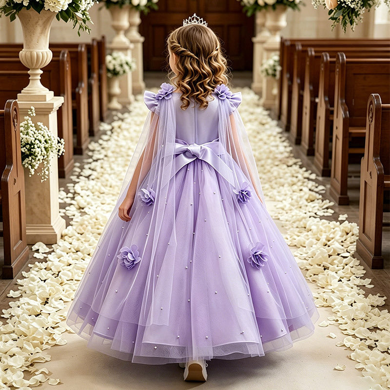 foreign trade girl's dress shawl tulle  new flower girl wedding dress small flying sleeves kids princess dress in stock