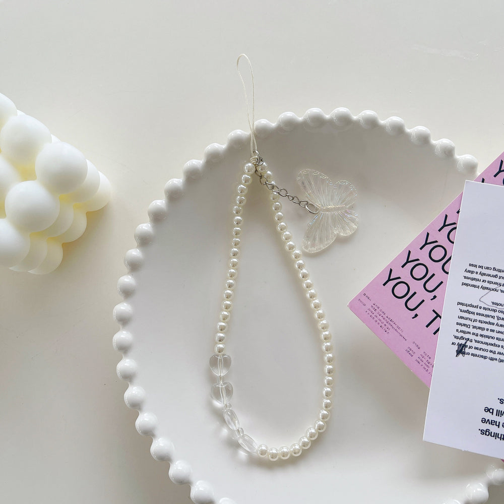 Minimalist pearl white heart bracelet with gauze bow and bear charm - phone lanyard accessory