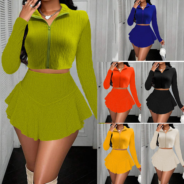 M3086 European and American  women's clothing solid color zipper short top two-piece set ruffle edge pants skirt skirt set