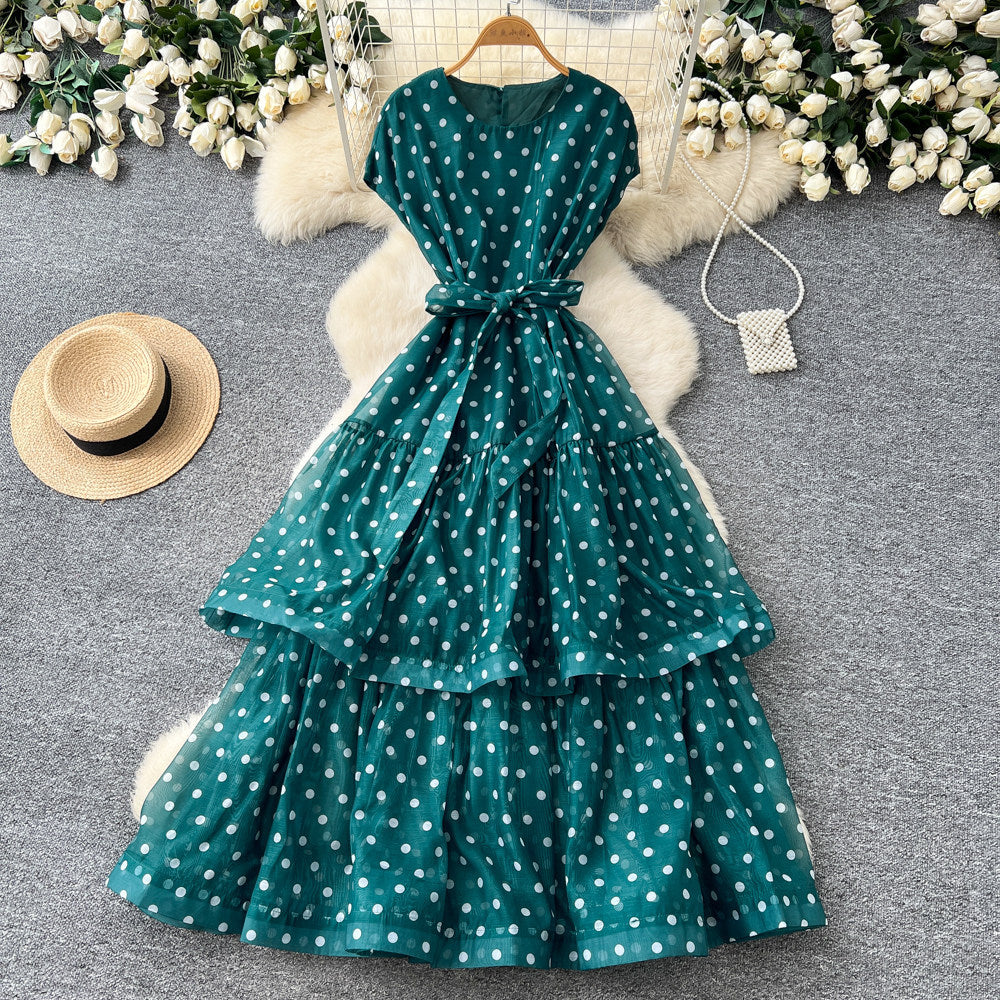 French polka dot round neck sleeveless dress women's red high waist slimming a-line dress elegant commute maxi dress
