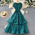 French polka dot round neck sleeveless dress women's red high waist slimming a-line dress elegant commute maxi dress