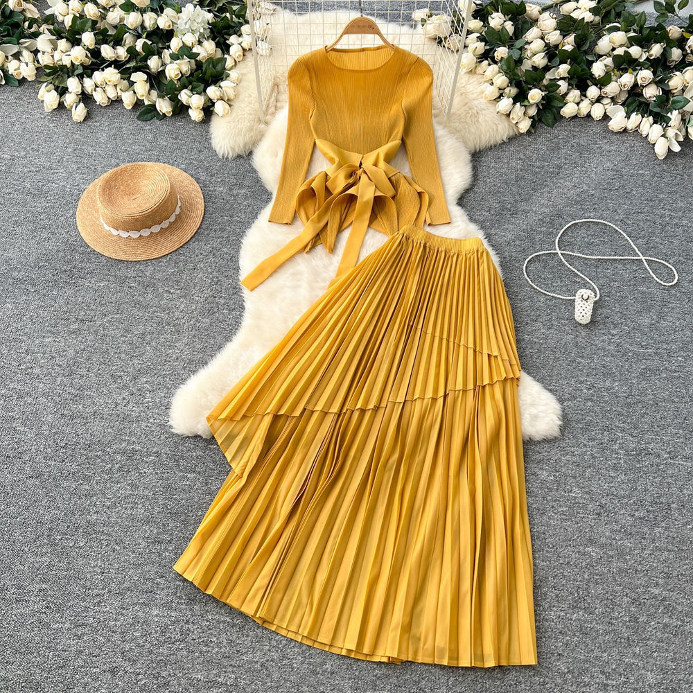 fashion style miyake pleated tie back waist asymmetrical hem pleated tops pleated skirt suit for women