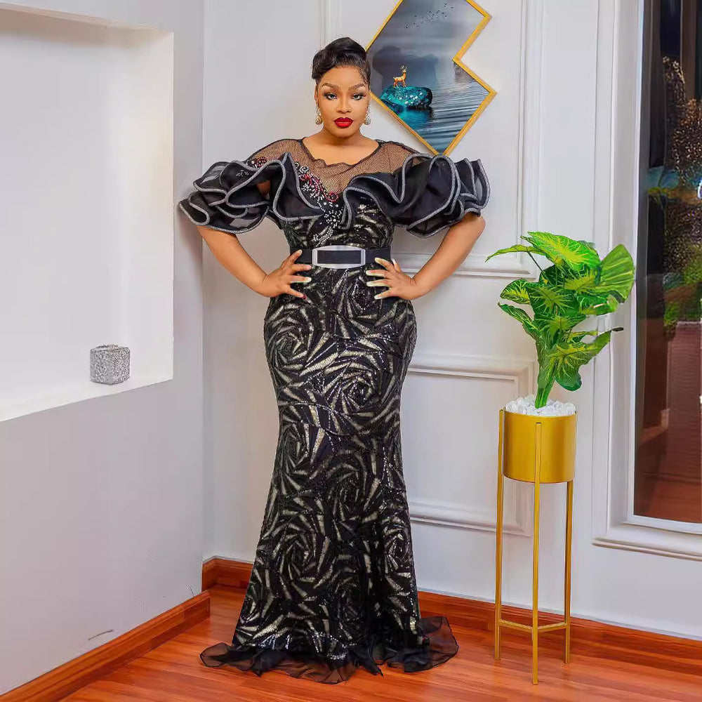 Rose sequin bodycon mermaid evening gown maxi dress off-the-shoulder ruffle luxury african european women's clothing