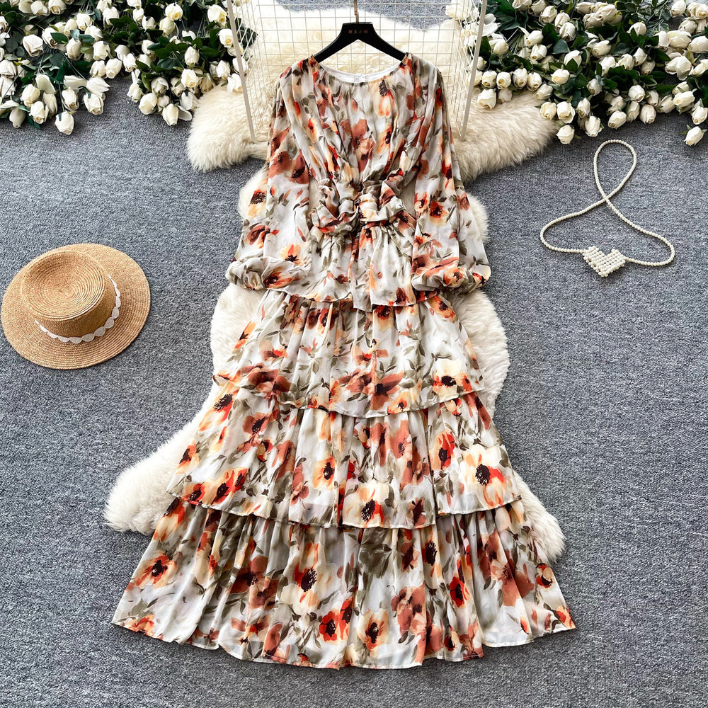 Frenchromantic style lantern sleeve floral dress female autumk-style waist slimming lookruffleselegant cake skirt