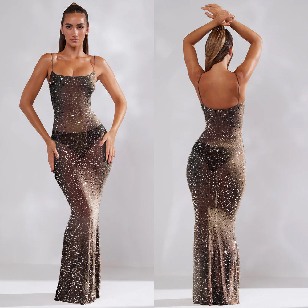 C6726 cross-border   fashion women's solid color mesh rhinestone suspender maxi dress