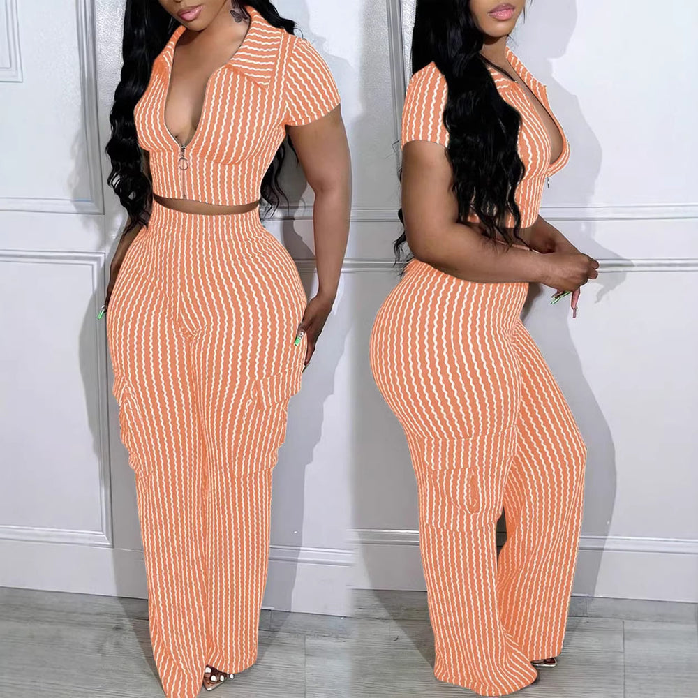 Zipper top & multi-pocket pants casual solid color two-piece set - autumn european & american fashion - new arrival for  & independent e-commerce stores