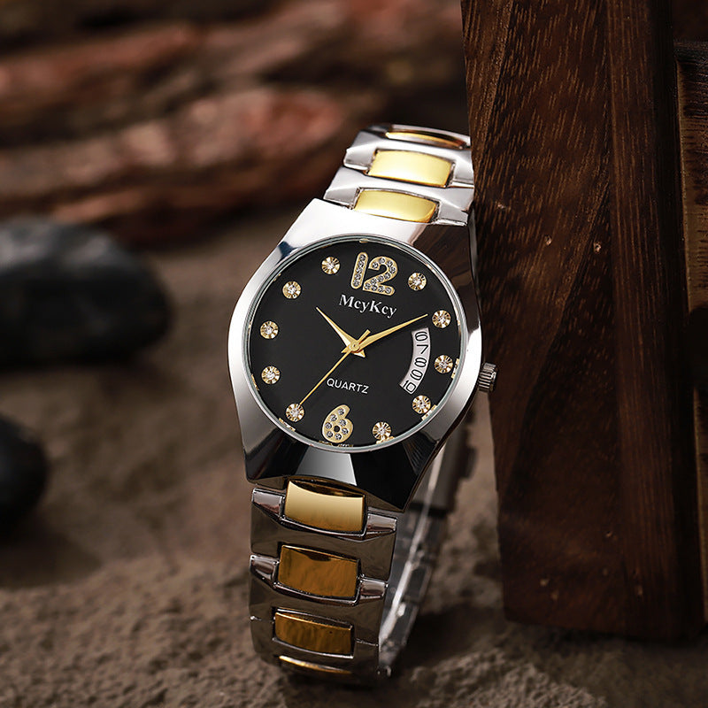 Mcykcy manufacturer's supply list: roman numeral diamond calendar solid tungsten steel two-tone deep waterproof men's watch - silver