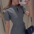 European and american women's clothing  autumn new collection: sweet and fresh stand collar puff sleeve patch pocket high waist slimming a-line mini skirt
