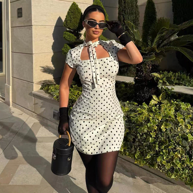 Fashion style insexport street style women's clothing simple fashion waist a-line skirt strap polka dot shortdress