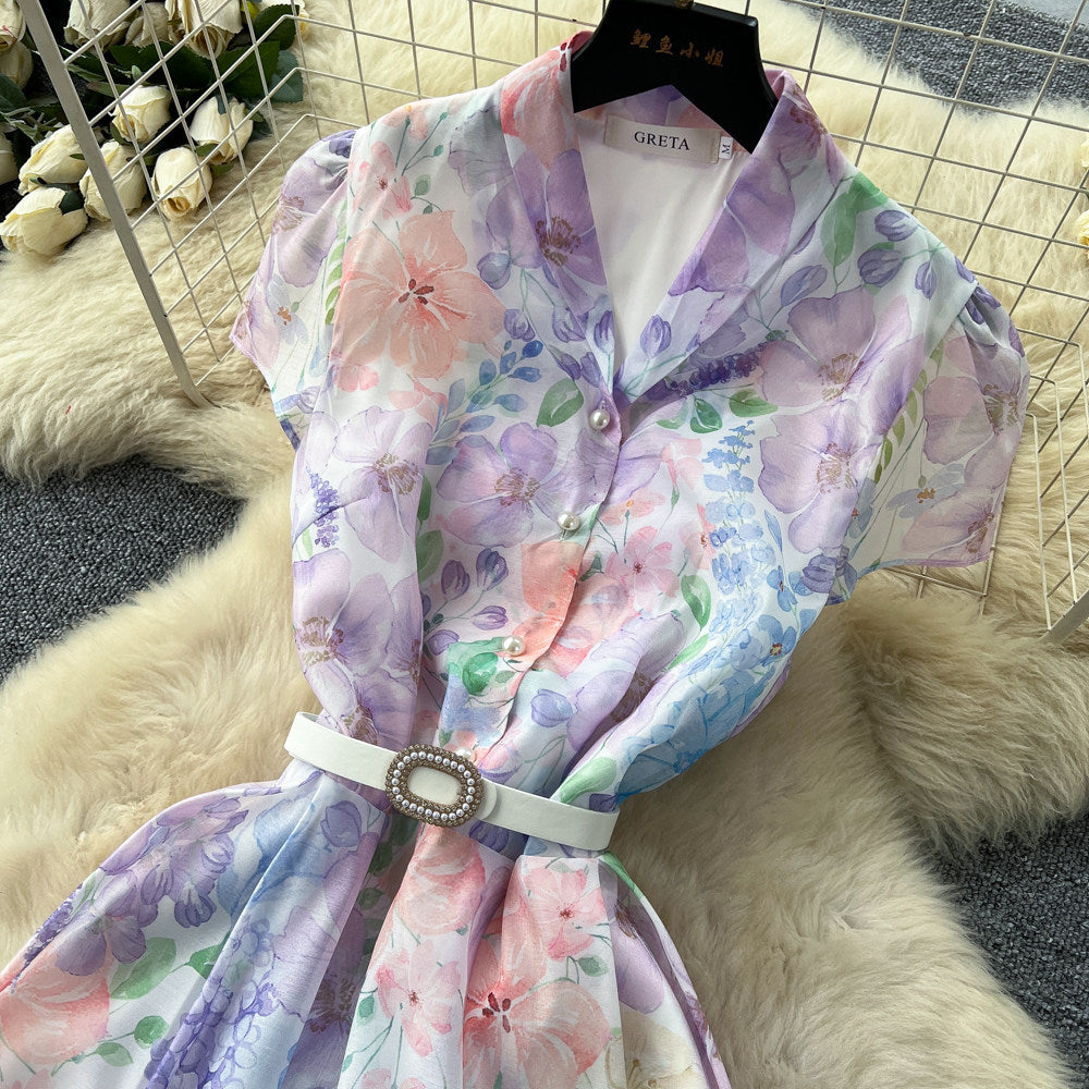 Vacation style v necktie back waist printingdress women's summer short-sleeved lapel long skirt elegantwork clothing women's clothing