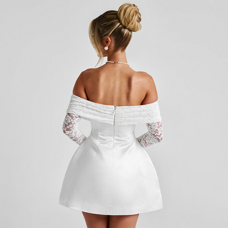 summer new european and american cross-border women's off-the-shoulder bandeau long sleeve sexy slim-fit lace a-line dress