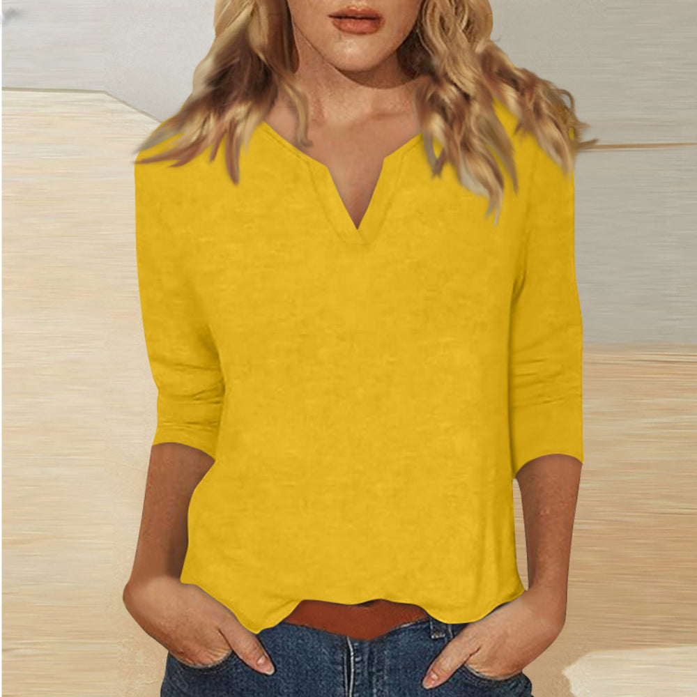 cross-border women's v-neck 3/4 sleeve solid color t-shirt top