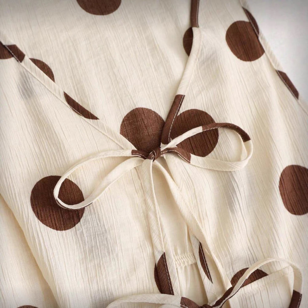 cross-border fashion summer casual vacation women's cute beige two-piece sleeveless polka dot tie-up top and pants set
