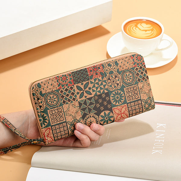 2024 new cross-mirror PU cork grain wallet long zipper wallet mobile phone bag single pull medium zipper wallet