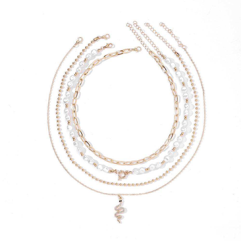 bohemia imitation pearl beaded necklace niche styleaccessible luxury diamond-encrusted snake pendant multi-layered necklace for women