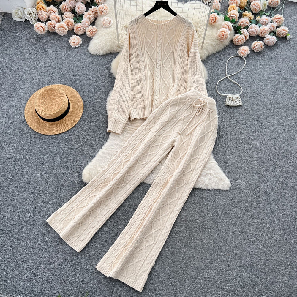 Fashionsuit women's french gentle style loosecable stitchsweatersweaterhigh waistslimming lookdrapedpantstwo-piece set