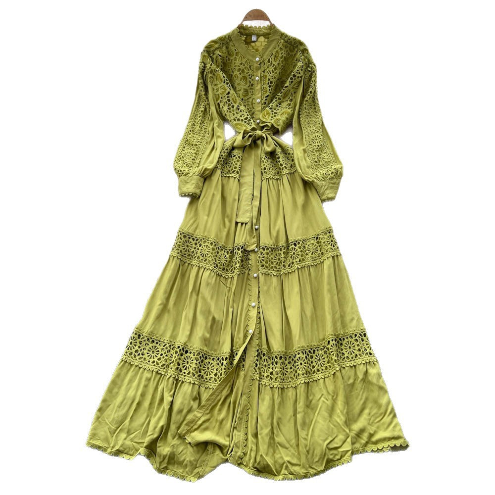 French retro court style heavy embroidered hollow-out lace patchwork tie-waist single-breasted elegant long dress for women