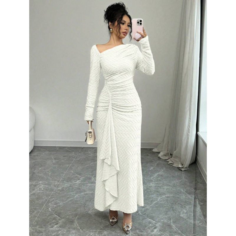fashion  autumn new arrival elegance asymmetric slant neck waist ruffles long sleevesdress