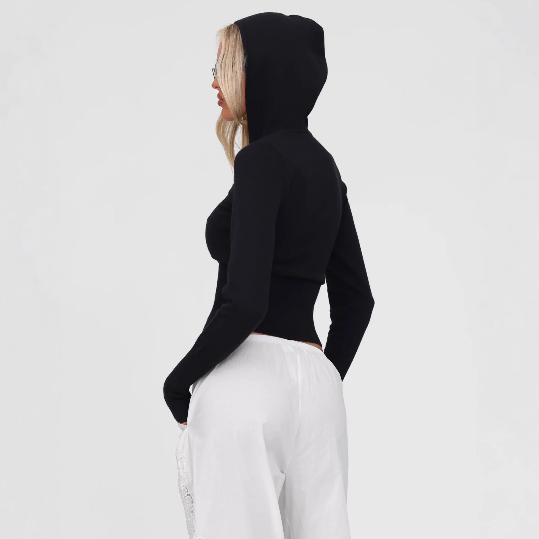 Cross-border Europe, America and 2025 autumn new fashion and leisure double-ended zipper hooded slim-fitting long-sleeved cardigan jacket