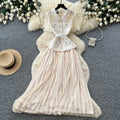 French chic red lapel lace patchwork dress - women's summer high-end commute elegance pleated skirt