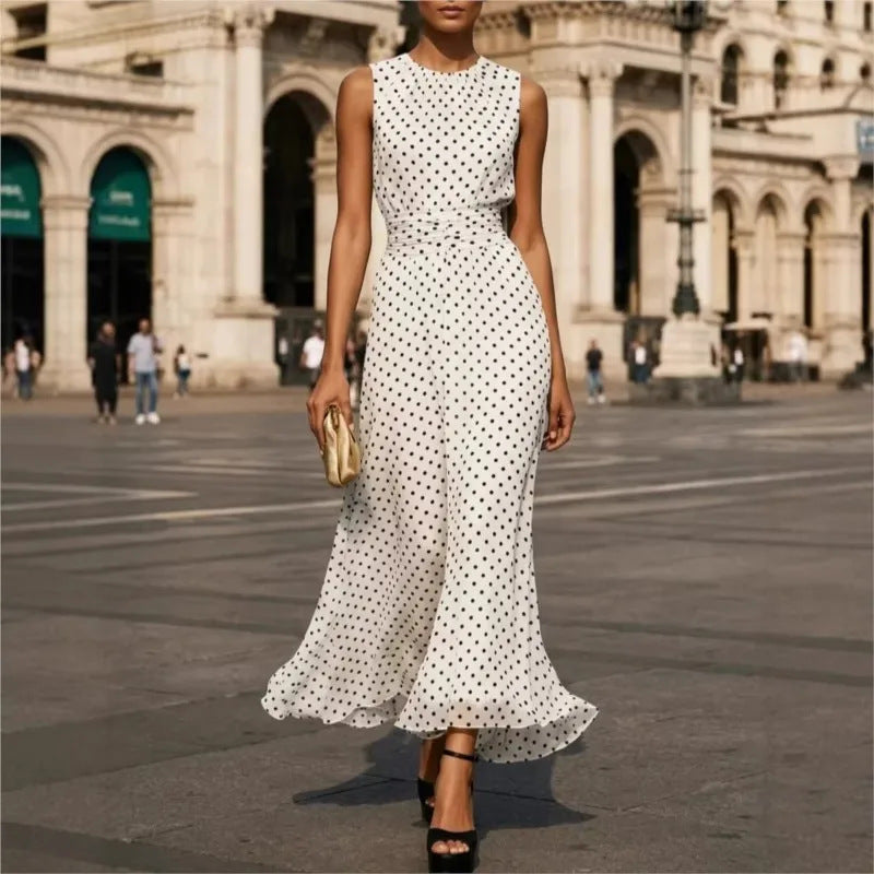 women's summer new arrivals:  cross-border fashion - elegant, figure-flattering, tie-waist polka dot dress (us/europe style)