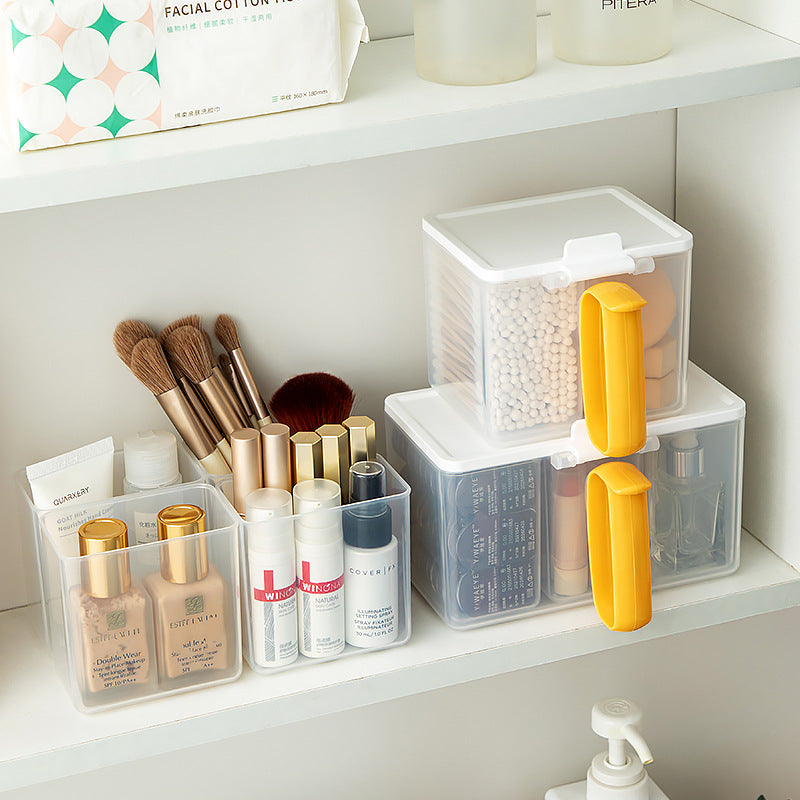 Bathroom mirror cabinet cotton swab cotton pad puff storage box transparent plastic grid desktop flip cover cosmetic storage box