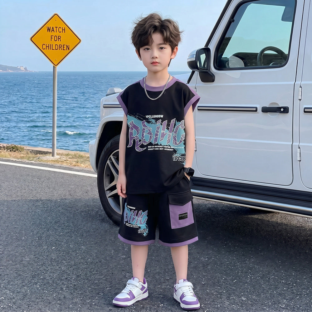 Boys' summer sports outfit  new style kids sleeveless tank top two-piece set, cool and trendy summer clothes for older boys