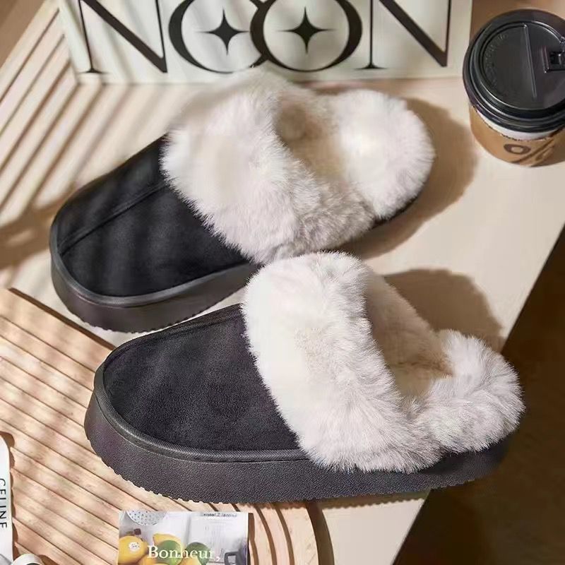 Women's cotton slippers - 2024 autumn/winter trendy indoor home warm thick sole non-slip dirt-resistant plush outer wear cotton shoes