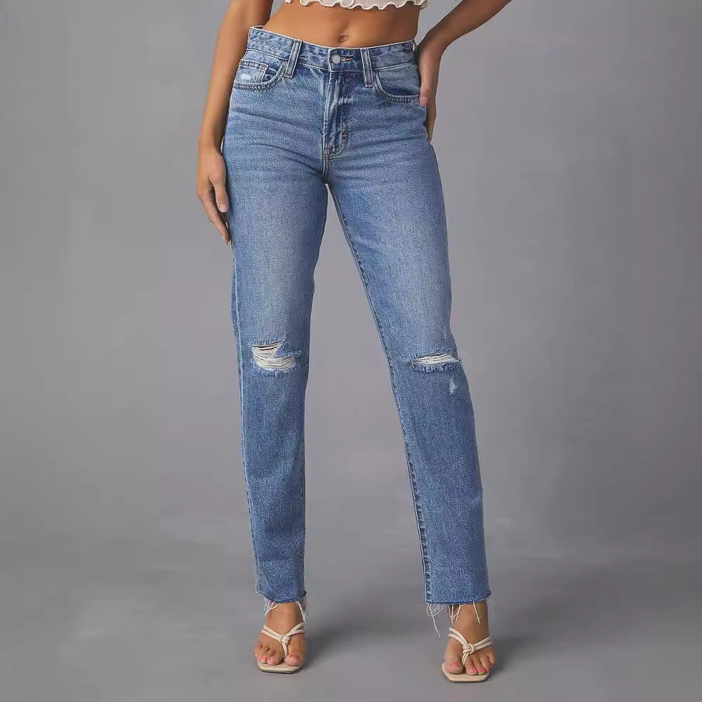 Independent station raw edge jeans for women new arrivalfashion ripped raw edge straight-leg pants stretch washed jeans
